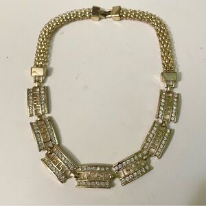 Vintage Gold Tone Greek Key Rhinestone Collar Necklace 80s Statement